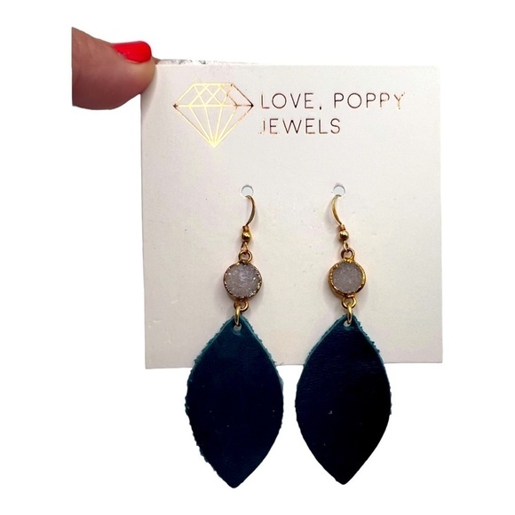 Love , Poppy Teal Green Leather Teardrop with Druzy Stone Earrings NEW - Picture 12 of 13